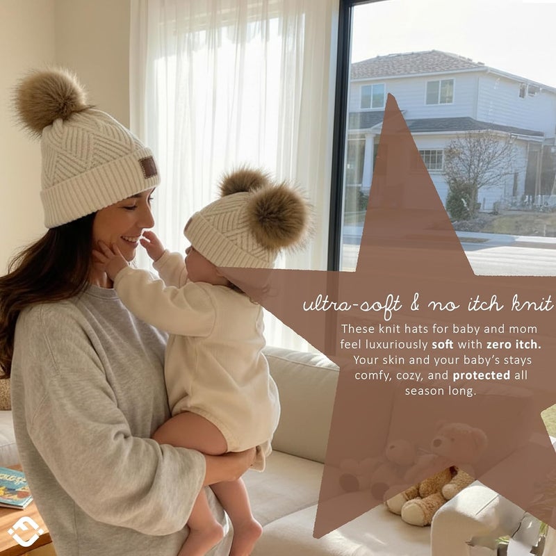 Funky Junque Mommy & Me Double Pom Beanies – Mama & Mini Matching Winter Outfits, Mom & Infant Baby Girl Beanie Hat Set - Image 3